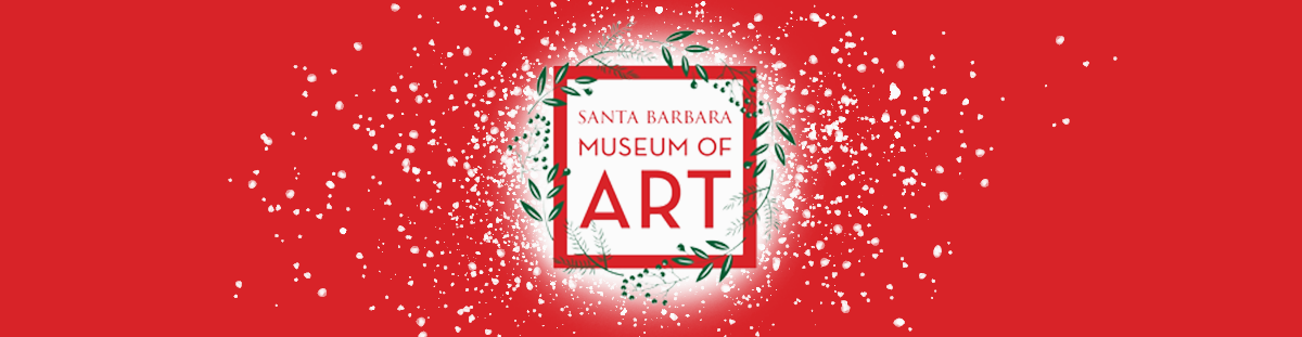 santa barbara museum of art logo in red surrounded by green holly for a holiday theme