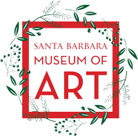 santa barbara museum of art logo in red surrounded by green holly for a holiday theme