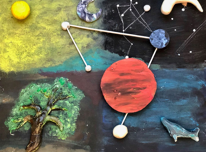 abstract depiction of the universe on a 2D surface including a tree, the sun, planets, and a constellation