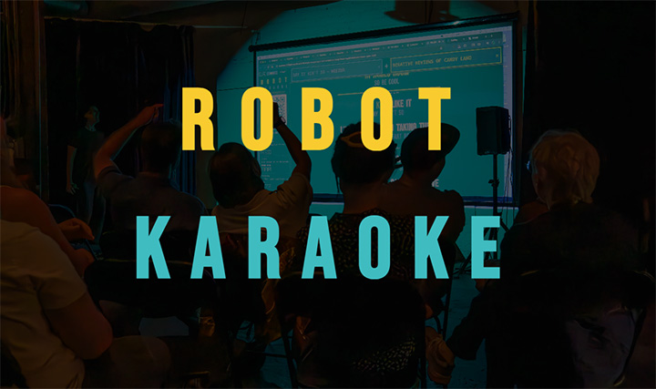 'Robot Karaoke' written in bold yellow and blue text over an image of silhouetted people singing karaoke.