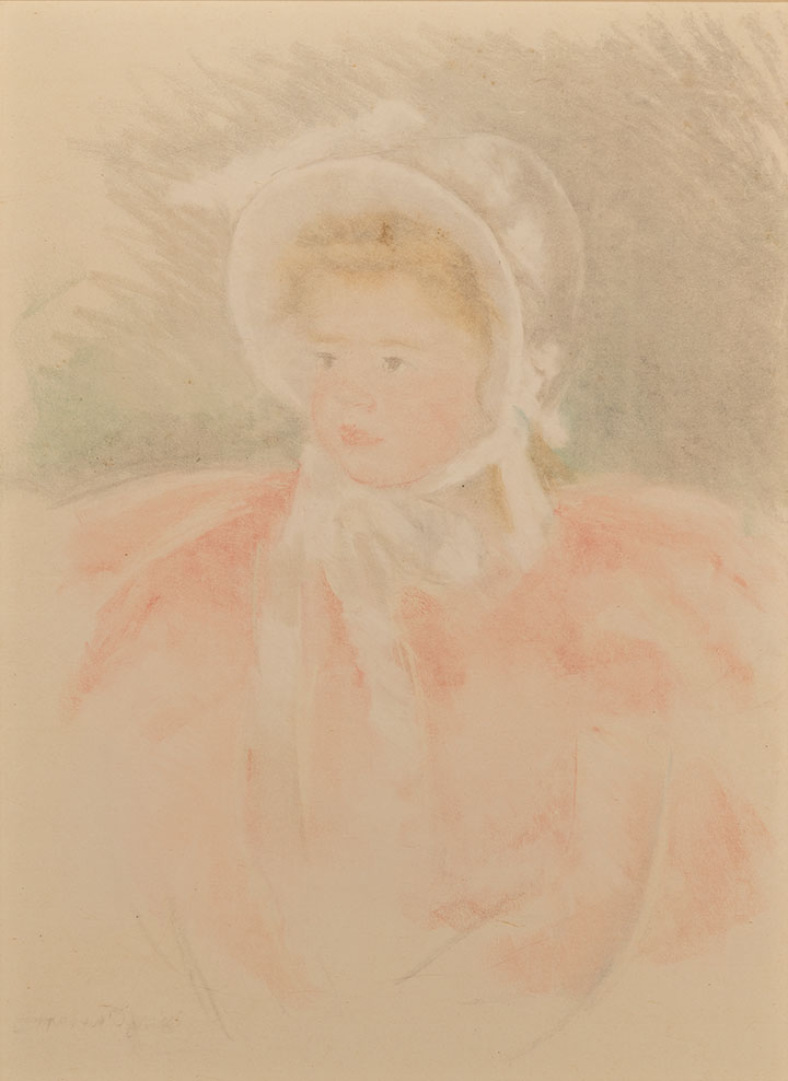 Portrait of a young blonde girl wearing a white bonnet and pink dress, her face turned to the left.
