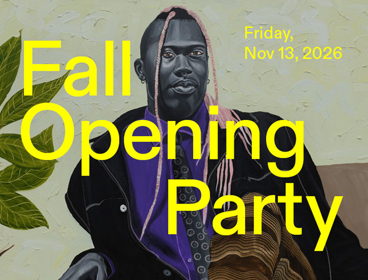 Promotional artwork featuring a portrait and bold yellow Fall Opening Party text