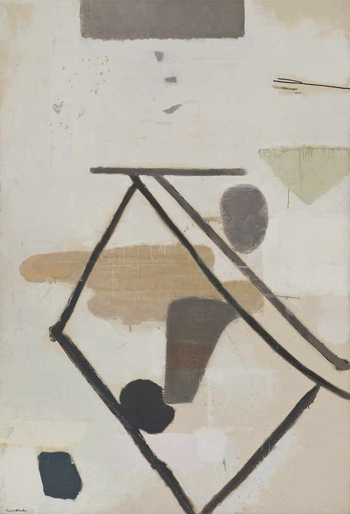 oil on canvas of abstract composition with lines and various shapes in muted tones