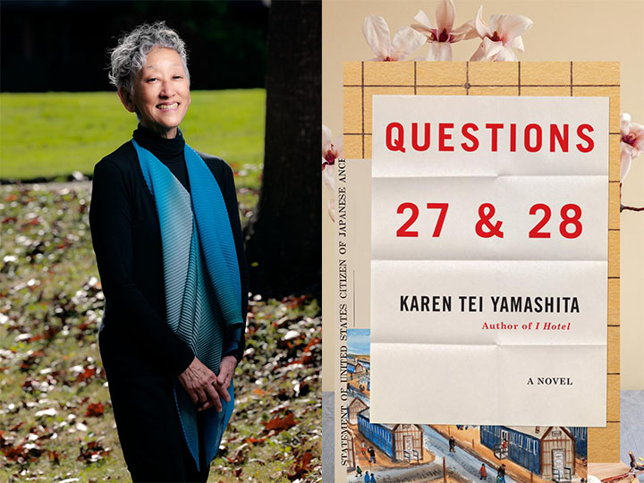 diptych of a portrait of the short haired author in dark clothes outside to the left of the cover of her book, Questions 27 & 28
