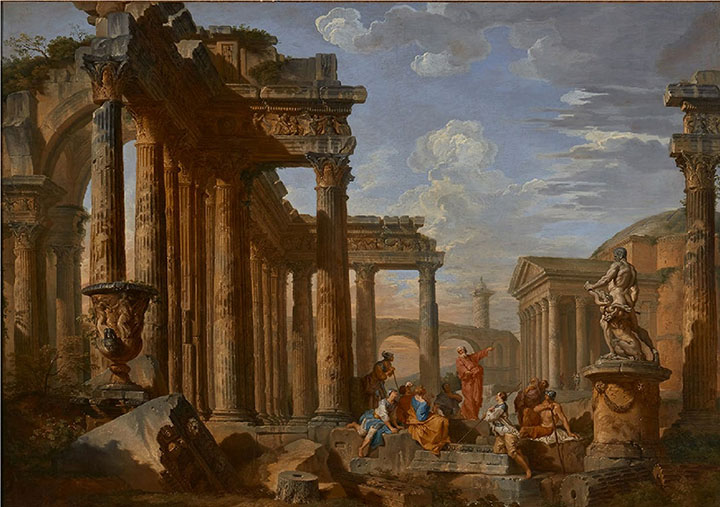 painting of classical roman scene of ruins with a group of people surrounding a speaker