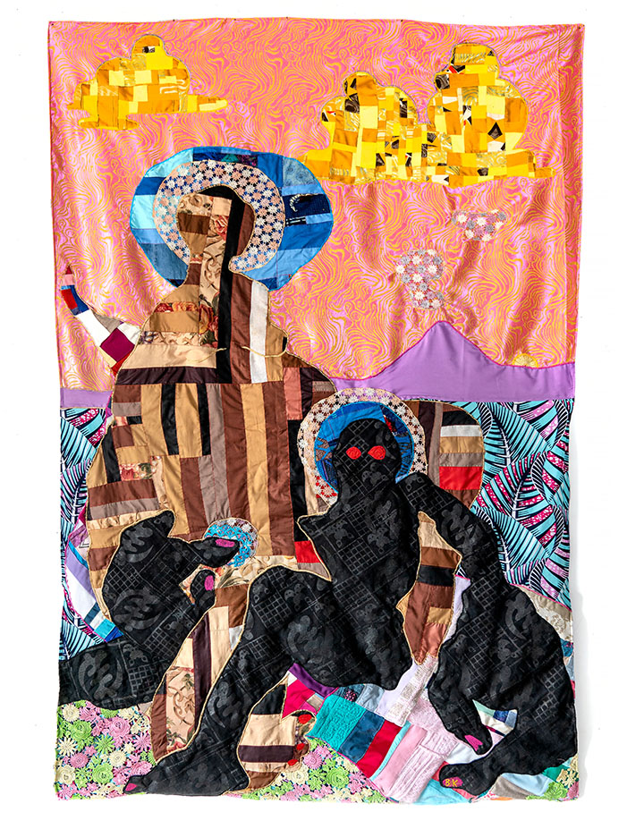 tapestry of dark figures on an abstract and colorful background