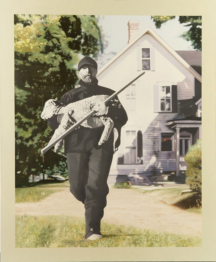 image of a farmhouse with a large black and white image of a bearded man carrying a sheep resembling a shepard superimposed in the foreground