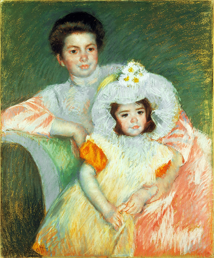 portrait of a woman and little girl in a floral hat in repose
