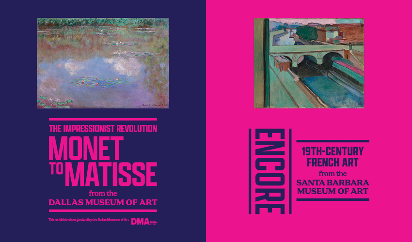 Magenta and indigo graphic featuring the titles of two exhibitions, alongside paintings by Monet and Matisse.