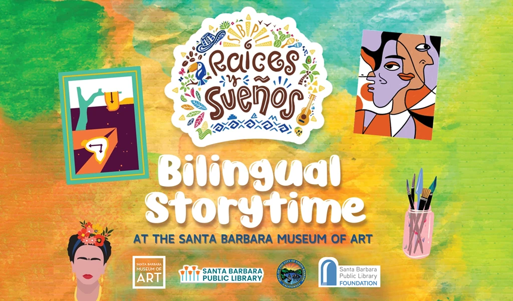 graphic promoting event on colorful background of orange and greens decorated with clip art of art materials