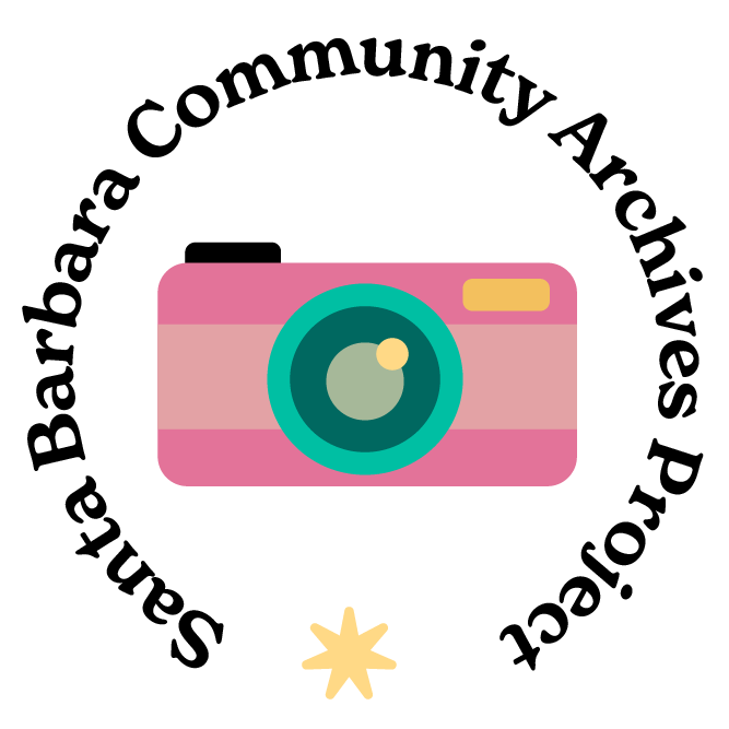 graphic of santa barbara community archives project with those words in a semi circle above and surrounding a pink camera illustration