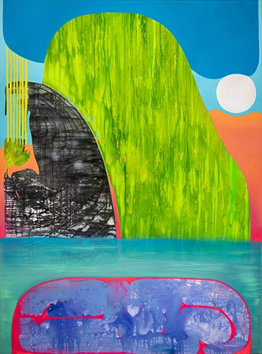 abstract painting evoking a landscape with a bright palette including blues, greens, and purples