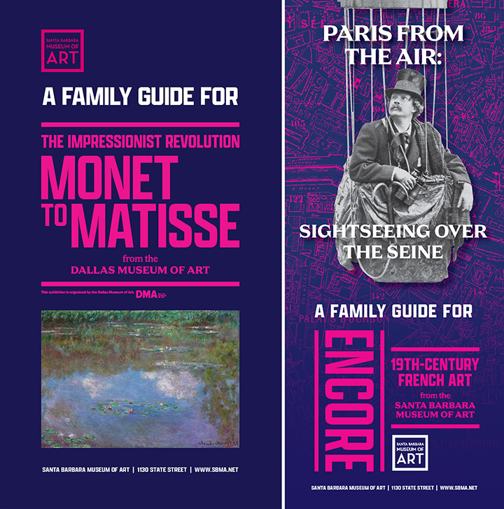 graphic promoting family guide and the art learning lab featuring the exhibitions the Impressionist Revolution and Encore with the titles and a Monet painting on the left and a photo of Nadar in a hot air balloon superimposed over a map of Paris on the right